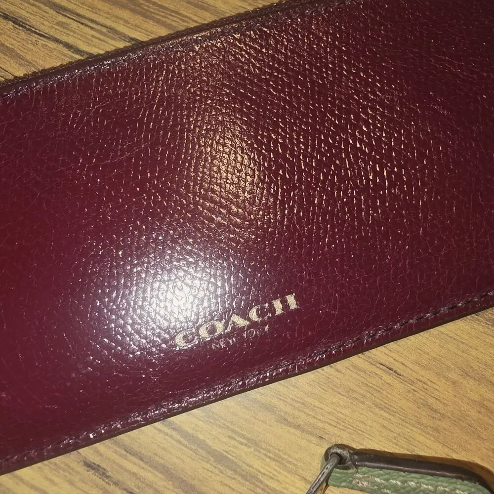 COACH Lot Sage Green/Red Pink Logo Debit Card & Burgundy Zip Top Coin Case Pouch